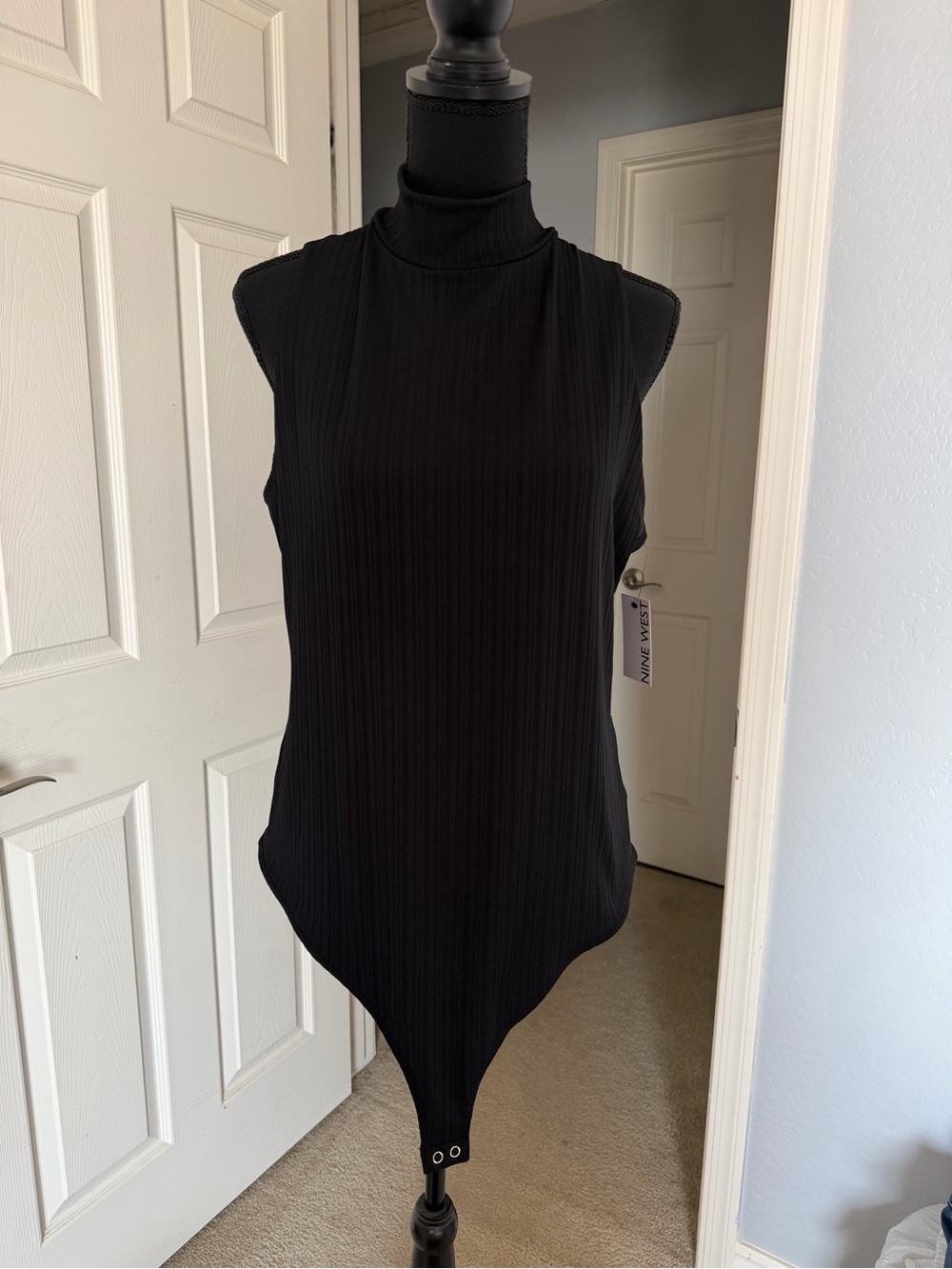 Nine West Black Ribbed Sleeveless Mock Neck Bodysuit